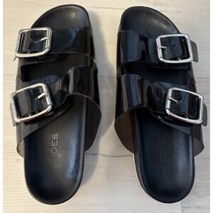 Women's J Slides Roget Sandal in Smoke (Black), Size 8.5. Clear Buckle.